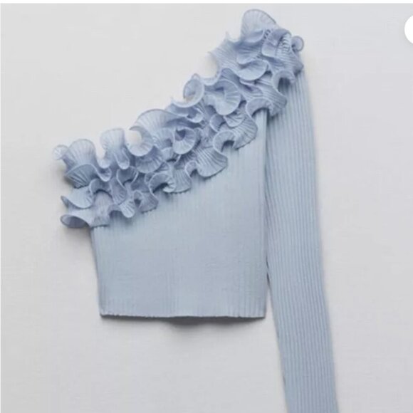 ZARA Flower Top Knit Blouse One Sleeve Asymmetric Top Size L ,Color Blue NWT - Picture 2 of 16